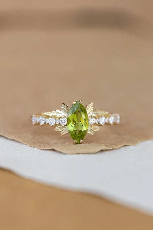 Men's Opal Engagement Rings in 10K Gold with a Milgrain - Trimmed BandPeridot and diamonds engagement ring, nature inspired gold leaf ring / Verbena Men's Opal Engagement Rings in 10K Gold with a Milgrain - Trimmed BandPeridot and diamonds engagement ring, nature inspired gold leaf ring / Verbena