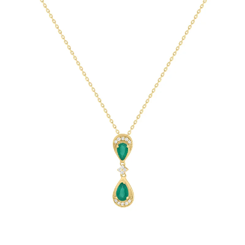 Double Pear Cut Emerald & Diamond Drop Pendant