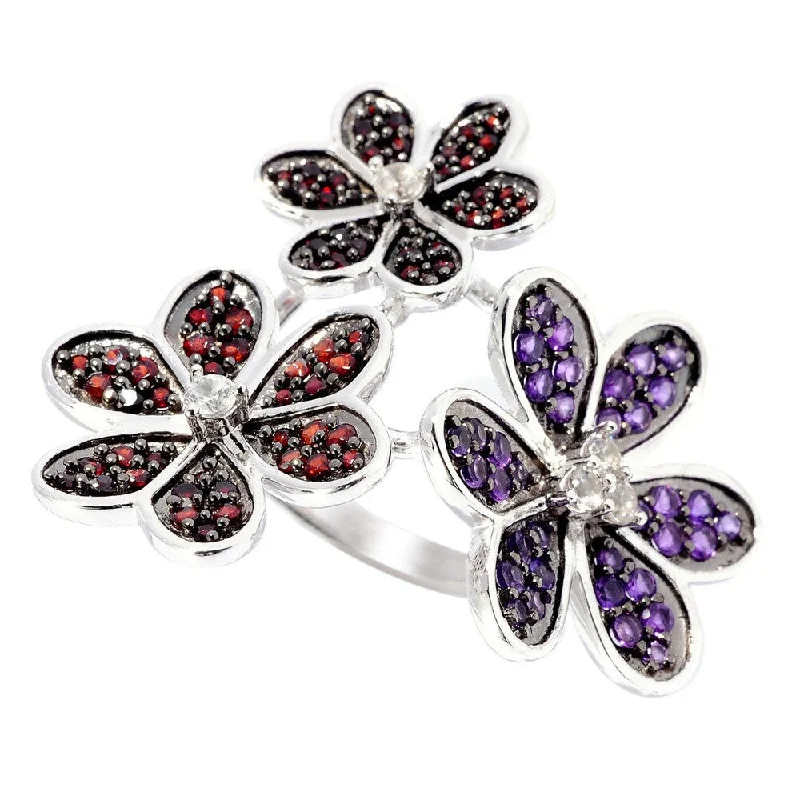 Amethyst Gemstone Rings in Sterling Silver with a Halo of Cubic Zirconia for a Budget - Friendly LuxurySterling Silver Garnet, White Zircon and Amethyst Three Flower Ring Amethyst Gemstone Rings in Sterling Silver with a Halo of Cubic Zirconia for a Budget - Friendly LuxurySterling Silver Garnet, White Zircon and Amethyst Three Flower Ring