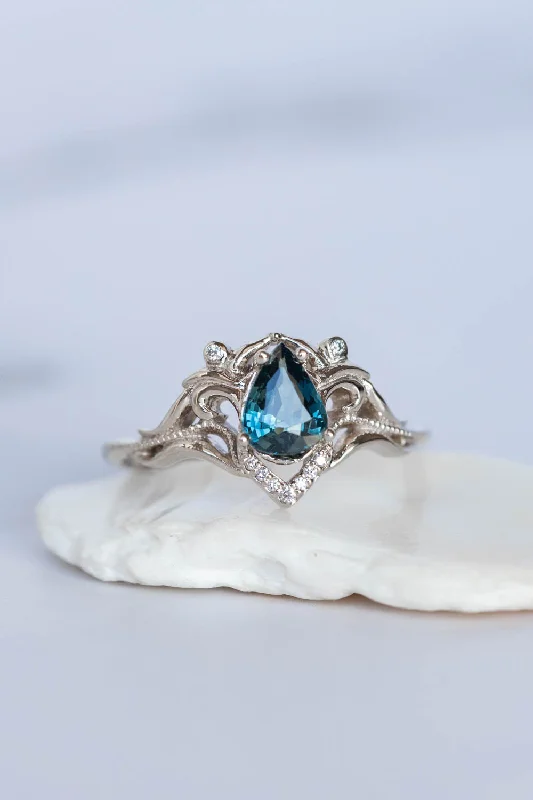 Men's Emerald Engagement Rings with 14K Yellow Gold and Vintage - Style FiligreeWhite gold engagement ring with teal sapphire, elvish bridal ring with diamonds / Lida small Men's Emerald Engagement Rings with 14K Yellow Gold and Vintage - Style FiligreeWhite gold engagement ring with teal sapphire, elvish bridal ring with diamonds / Lida small