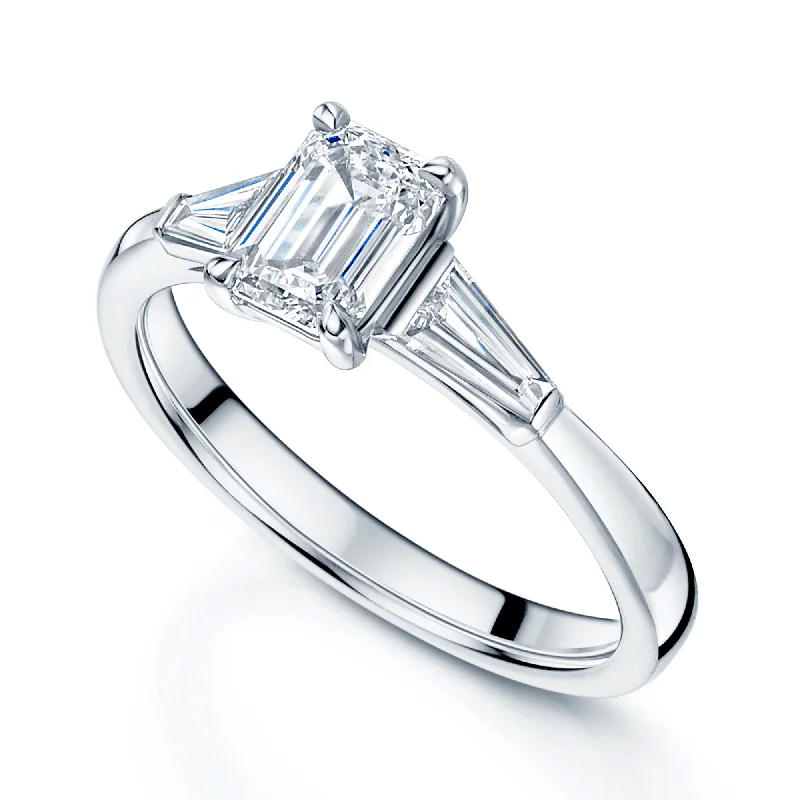 Men's Topaz Engagement Rings in 10K Gold with a Channel - Set Diamond BandPlatinum GIA Certificated Emerald Cut Diamond And Tapered Baguette Cut Three Stone Engagement Ring