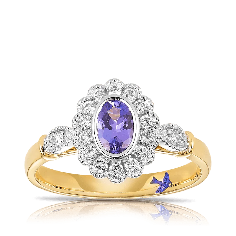 Men's Topaz Engagement Rings in 10K Gold with a Channel - Set Diamond BandBluebird™ Tanzanite & 0.25ct TW Diamond Halo Ring in 9ct Yellow and White Gold Men's Topaz Engagement Rings in 10K Gold with a Channel - Set Diamond BandBluebird™ Tanzanite & 0.25ct TW Diamond Halo Ring in 9ct Yellow and White Gold