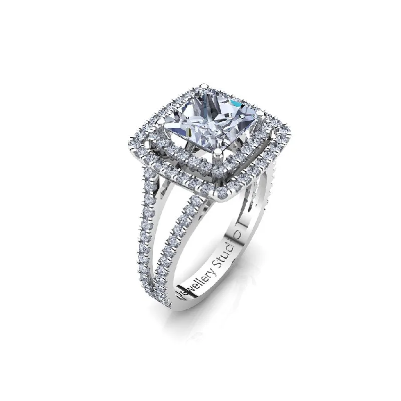 Men's Opal Engagement Rings in 10K Gold with a Milgrain - Trimmed BandDouble Halo Engagement Ring with 1.00ct Princess Cut Diamond