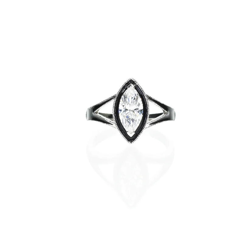 Men's Sapphire Engagement Rings in 18K White Gold with Pave Diamond AccentsMarquise Diamond with Black Enamel Men's Sapphire Engagement Rings in 18K White Gold with Pave Diamond AccentsMarquise Diamond with Black Enamel