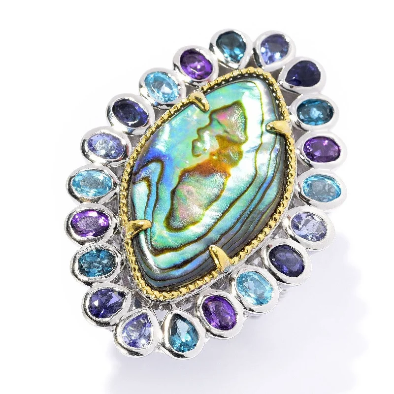 Tourmaline Gemstone Rings in 18K Two - Tone Gold with a Floral - Shaped Setting for a Feminine TouchDallas Prince Designs 26 x 14.5mm Abalone & Multi Gemstone Elongated Ring. Tourmaline Gemstone Rings in 18K Two - Tone Gold with a Floral - Shaped Setting for a Feminine TouchDallas Prince Designs 26 x 14.5mm Abalone & Multi Gemstone Elongated Ring.