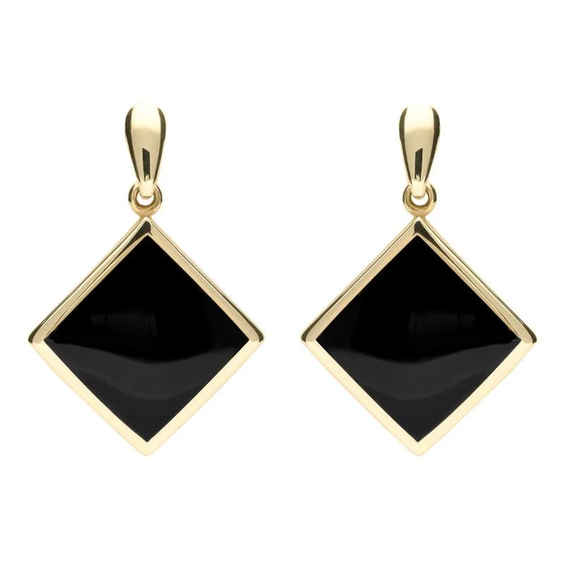 9ct Yellow Gold Whitby Jet Rhombus Drop Earrings