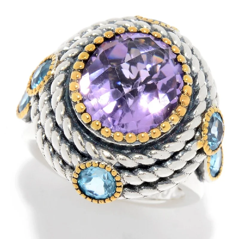 Emerald Gemstone Rings Set in Platinum with Filigree Work for a Vintage - Inspired Look6.80ctw Pink Amethyst & Swiss Blue Topaz Halo Ring Emerald Gemstone Rings Set in Platinum with Filigree Work for a Vintage - Inspired Look6.80ctw Pink Amethyst & Swiss Blue Topaz Halo Ring