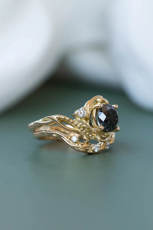 Men's Aquamarine Engagement Rings in 9K Gold with a Bezel - Set StoneSalt and pepper diamond engagement ring set, gold bridal ring set with diamonds / Undina