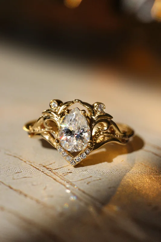 Men's Aquamarine Engagement Rings in 9K Gold with a Bezel - Set StoneTeardrop white sapphire engagement ring, vintage inspired gold proposal ring with diamonds / Lida small Men's Aquamarine Engagement Rings in 9K Gold with a Bezel - Set StoneTeardrop white sapphire engagement ring, vintage inspired gold proposal ring with diamonds / Lida small