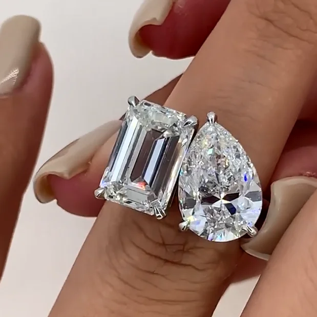 Men's Tourmaline Engagement Rings in 18K Two - Tone Gold with a Floral - Inspired SettingUnique Double-Stone Design Pear Cut & Emerald Cut Engagement Ring