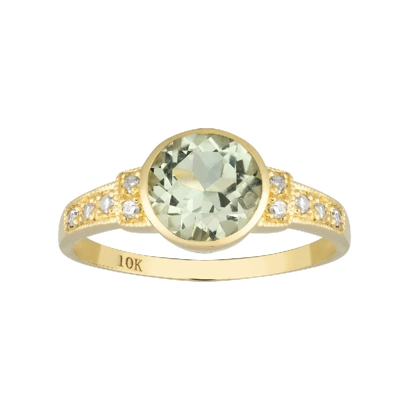 Peridot Gemstone Rings in 14K Gold - Filled Metal with a Pave - Set Band for a Sparkling LookViducci 10k Yellow Gold Vintage Style Genuine Round Green Amethyst and Diamond Ring Peridot Gemstone Rings in 14K Gold - Filled Metal with a Pave - Set Band for a Sparkling LookViducci 10k Yellow Gold Vintage Style Genuine Round Green Amethyst and Diamond Ring