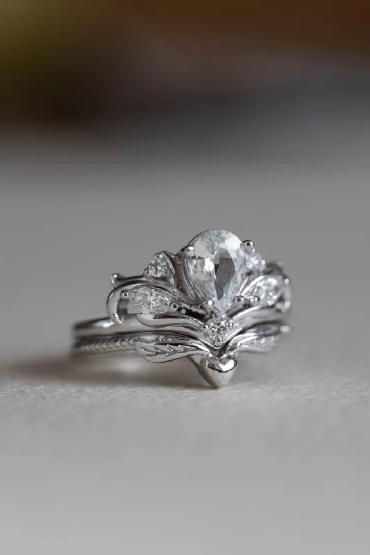 Men's Topaz Engagement Rings in 10K Gold with a Channel - Set Diamond BandWhite sapphire gold engagement ring set, nature themed promise ring / Swanlake