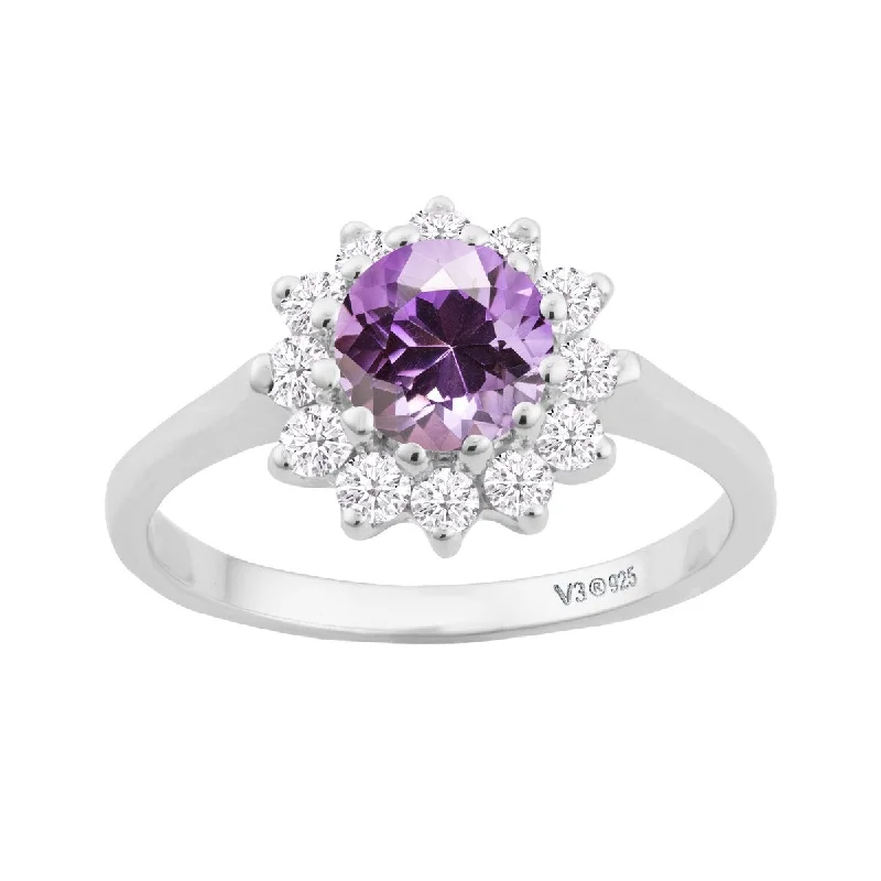 Amethyst Gemstone Rings in Sterling Silver with a Halo of Cubic Zirconia for a Budget - Friendly LuxurySterling Silver with Natural Amethyst and White Topaz Halo Ring Amethyst Gemstone Rings in Sterling Silver with a Halo of Cubic Zirconia for a Budget - Friendly LuxurySterling Silver with Natural Amethyst and White Topaz Halo Ring