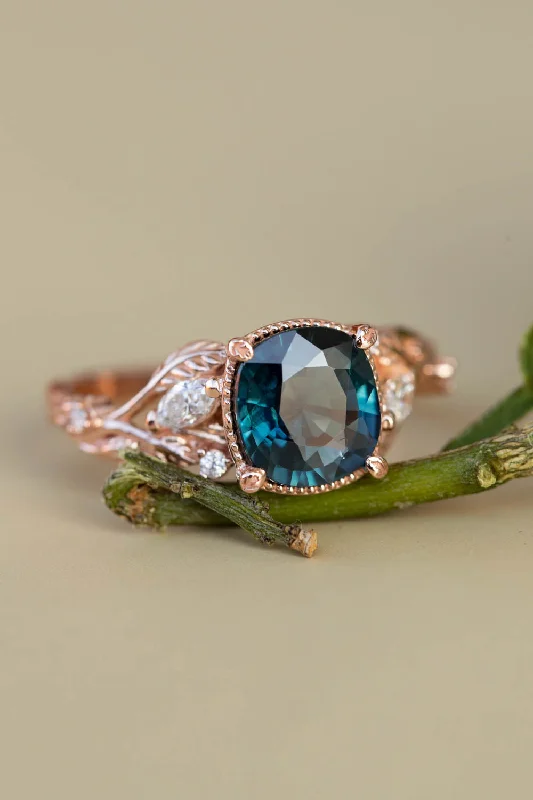 Men's Sapphire Engagement Rings in 18K White Gold with Pave Diamond AccentsCushion teal sapphire twig engagement ring, rose gold ring with leaves and diamonds / Patricia