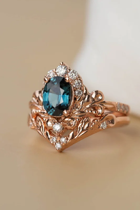 Men's Tanzanite Engagement Rings in Palladium with a Three - Stone ArrangementNatural teal sapphire bridal ring set, baroque inspired gold engagement ring set with diamonds / Sophie Men's Tanzanite Engagement Rings in Palladium with a Three - Stone ArrangementNatural teal sapphire bridal ring set, baroque inspired gold engagement ring set with diamonds / Sophie