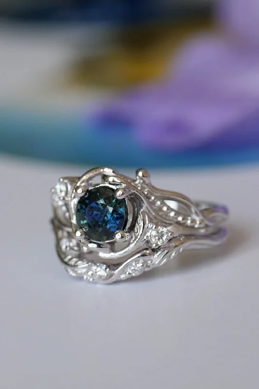 Men's Moonstone Engagement Rings in Silver - Plated Copper with a Celtic Knot PatternGenuine teal sapphire engagement ring set, white gold bridal ring set with sapphire and diamonds / Undina Men's Moonstone Engagement Rings in Silver - Plated Copper with a Celtic Knot PatternGenuine teal sapphire engagement ring set, white gold bridal ring set with sapphire and diamonds / Undina
