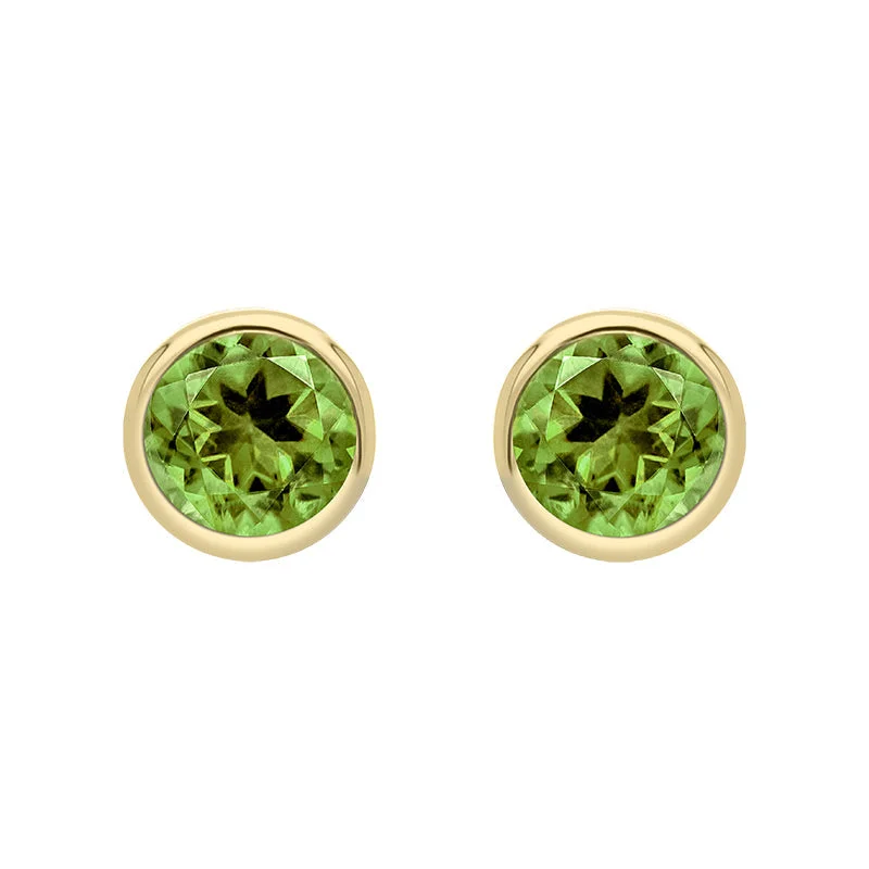 9ct Yellow Gold Peridot 3mm Round Rub Over Set Stud Earrings D