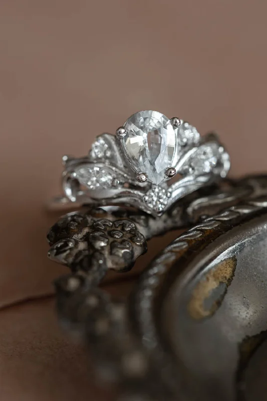Men's Diamond Engagement Rings with Platinum Band and Halo Setting for a Luxury ProposalPear cut white sapphire engagement ring, white gold fantasy ring with diamonds / Swanlake