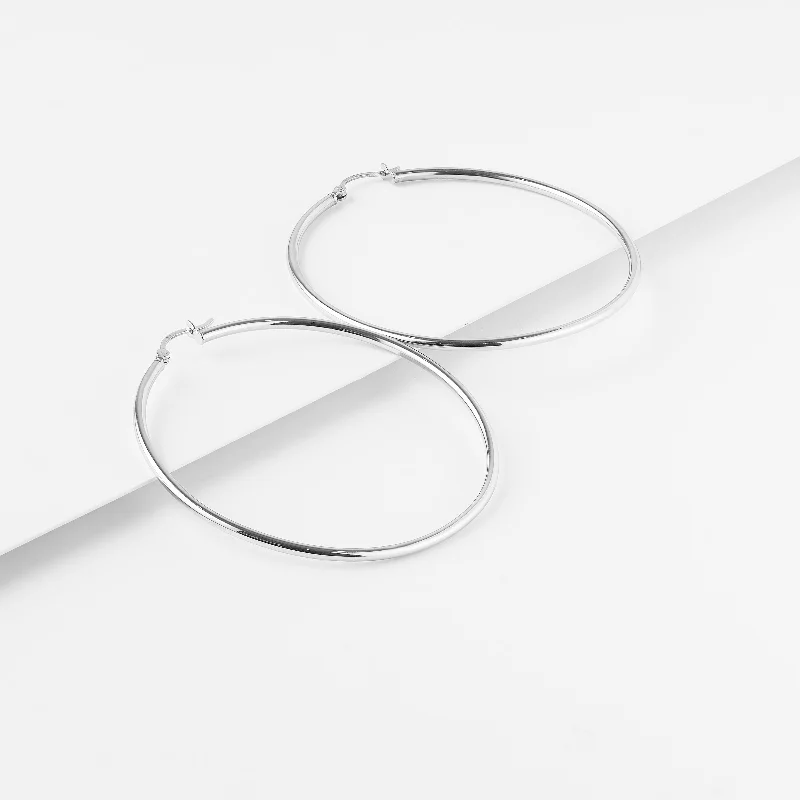 9K White Gold 50mm Round Hoop Earrings 2mm Wide