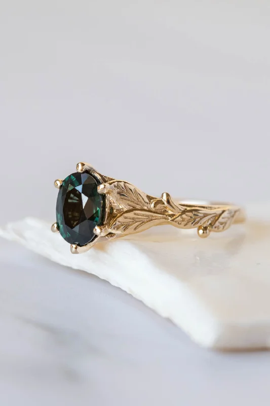 Men's Peridot Engagement Rings in 14K Gold - Filled Metal with a Micro - Pave SettingDark teal sapphire engagement ring, oval cut gemstone gold leaf ring / Freesia Men's Peridot Engagement Rings in 14K Gold - Filled Metal with a Micro - Pave SettingDark teal sapphire engagement ring, oval cut gemstone gold leaf ring / Freesia