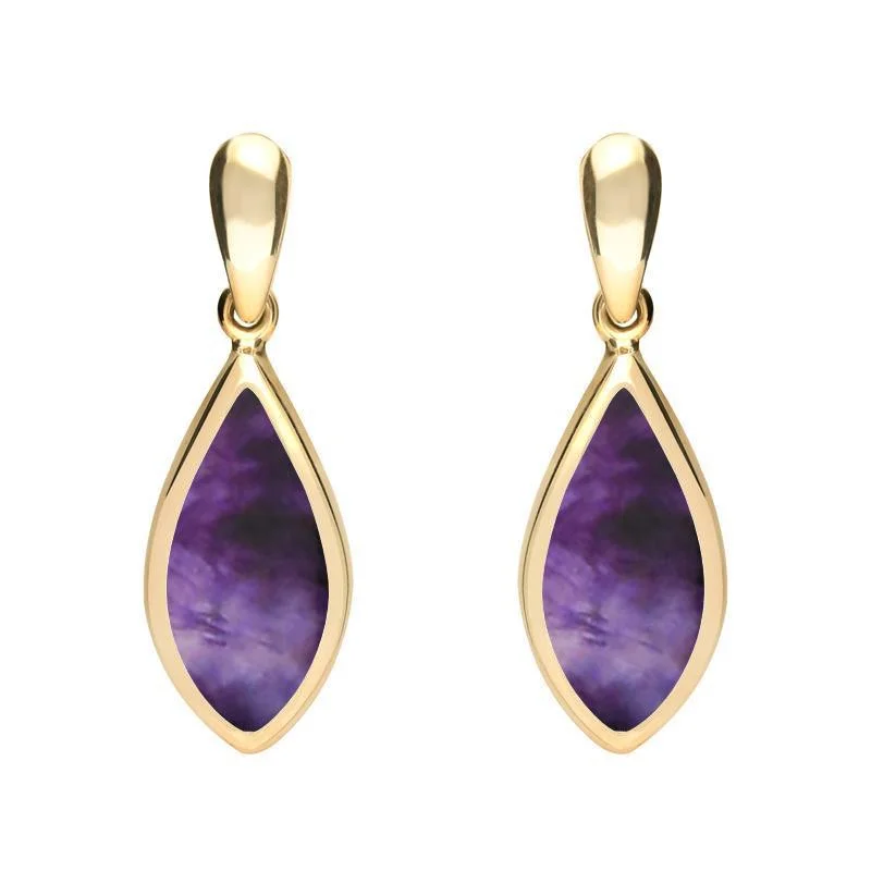 9ct Yellow Gold Blue John Small Pointed Pear Drop Earrings