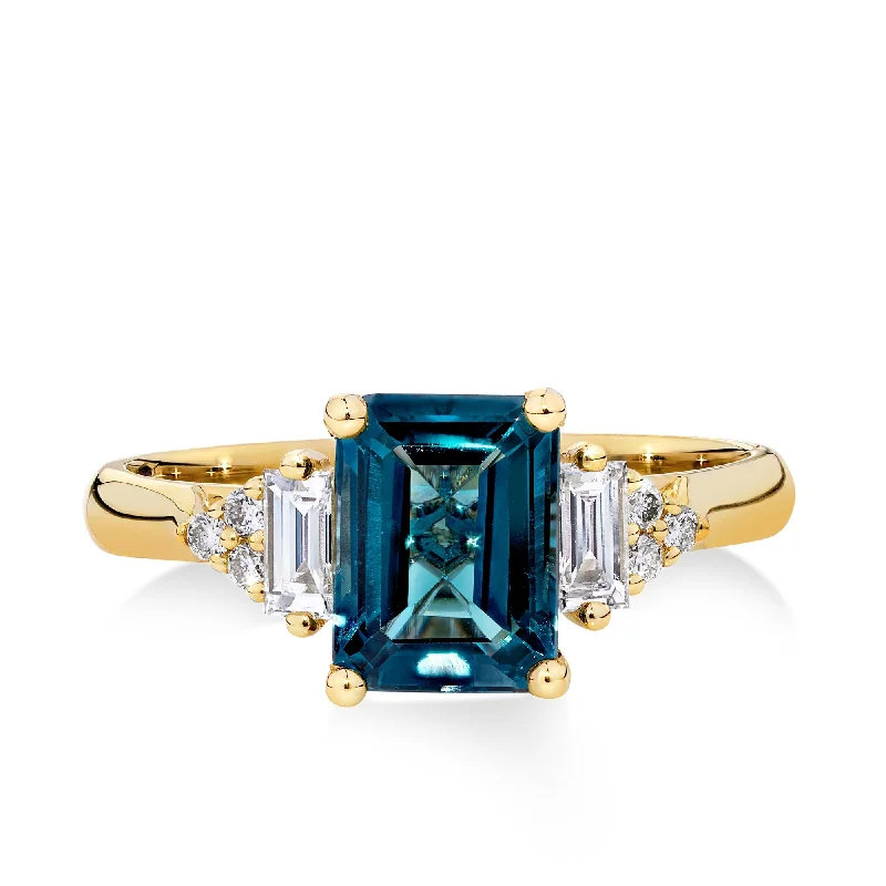 Men's Opal Engagement Rings in 10K Gold with a Milgrain - Trimmed BandBluebird London Blue Topaz & 0.26ct TW Diamond Ring in 9ct Yellow Gold Men's Opal Engagement Rings in 10K Gold with a Milgrain - Trimmed BandBluebird London Blue Topaz & 0.26ct TW Diamond Ring in 9ct Yellow Gold