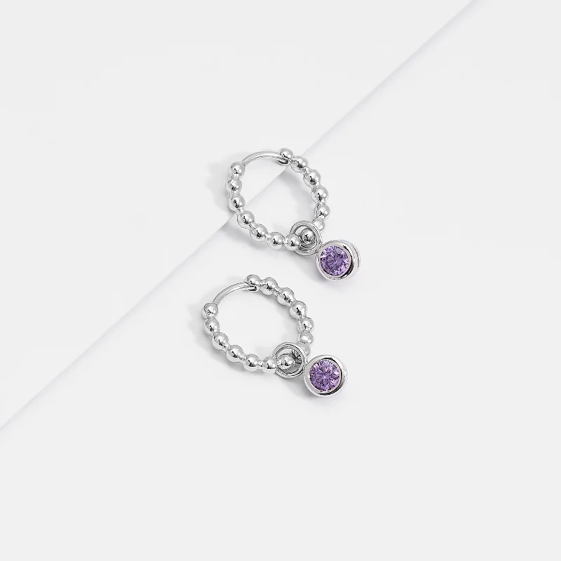 Sterling Silver Beaded Huggie Earrings With Purple Zirconia February Birthstone Drop Sterling Silver Beaded Huggie Earrings With Purple Zirconia February Birthstone Drop
