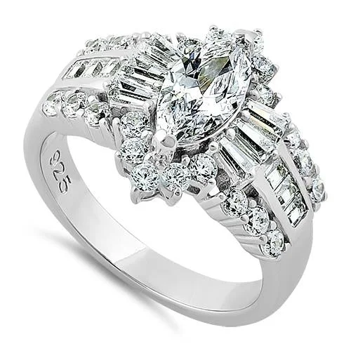 Men's Diamond Engagement Rings with Platinum Band and Halo Setting for a Luxury ProposalSterling Silver Majestic Marquise Cut Clear CZ Engagement Ring