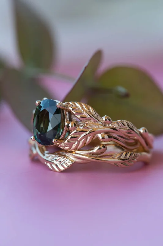 Men's Amethyst Engagement Rings in Sterling Silver with a Contemporary Geometric SettingDark teal sapphire bridal ring set, nature inspired gold engagement ring set / Cornus