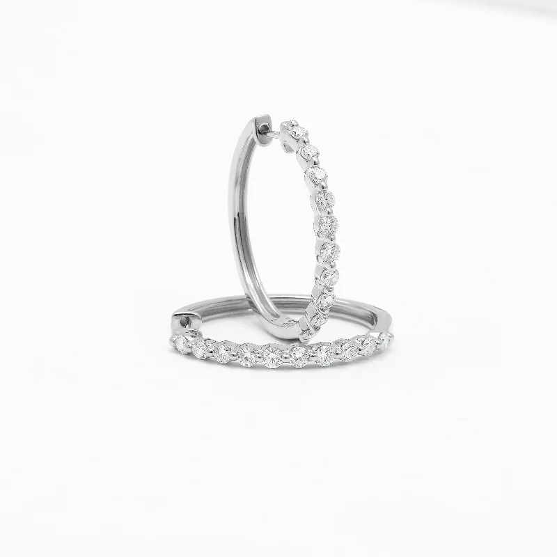 9K White Gold Round Brilliant Floating Lab Diamond Oval Huggie Earrings 1.0tdw