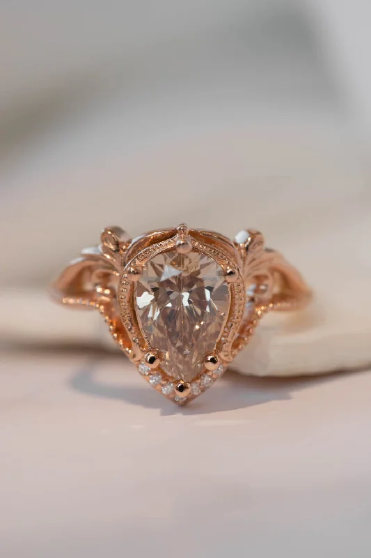 Men's Citrine Engagement Rings in Stainless Steel with a Stackable Band DesignBig pear champagne diamond engagement ring, vintage inspired rose gold statement ring / Lida