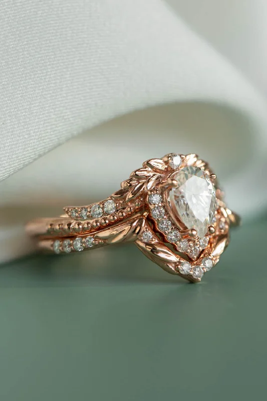 Men's Peridot Engagement Rings in 14K Gold - Filled Metal with a Micro - Pave SettingPear cut lab grown diamond bridal ring set, halo diamond engagement ring set / Lyonella
