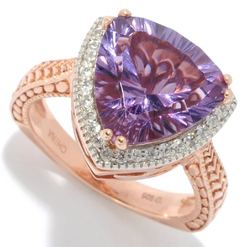 Emerald Gemstone Rings Set in Platinum with Filigree Work for a Vintage - Inspired LookTrillion Shaped Pink Amethyst & White Zircon Halo Ring Emerald Gemstone Rings Set in Platinum with Filigree Work for a Vintage - Inspired LookTrillion Shaped Pink Amethyst & White Zircon Halo Ring