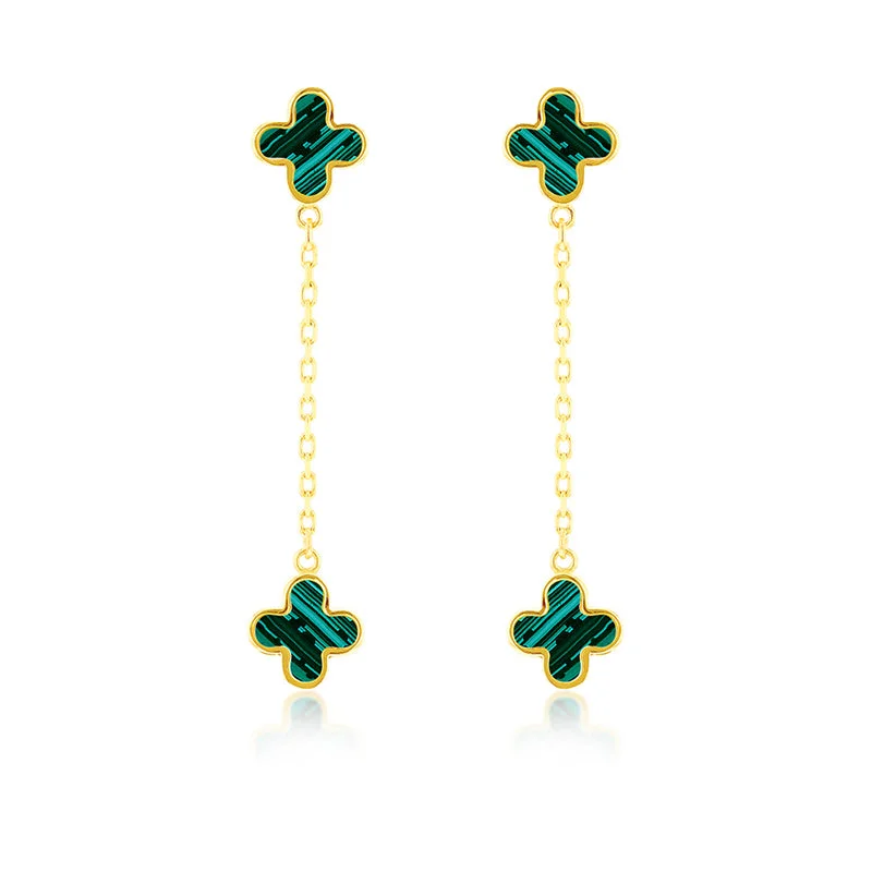 Double Malachite Quatrefoil Chain Drop Earrings