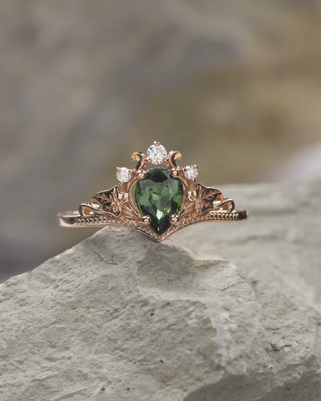 Men's Moonstone Engagement Rings in Silver - Plated Copper with a Celtic Knot PatternEngagement ring with green sapphire and diamonds / Ariadne pear cut