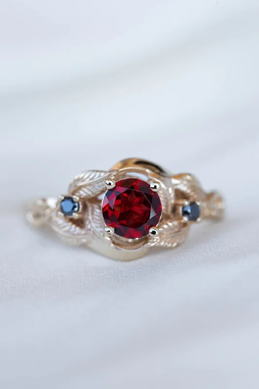 Men's Peridot Engagement Rings in 14K Gold - Filled Metal with a Micro - Pave SettingNatural garnet and black lab grown diamonds engagement ring, gold leaf proposal ring  / Azalea