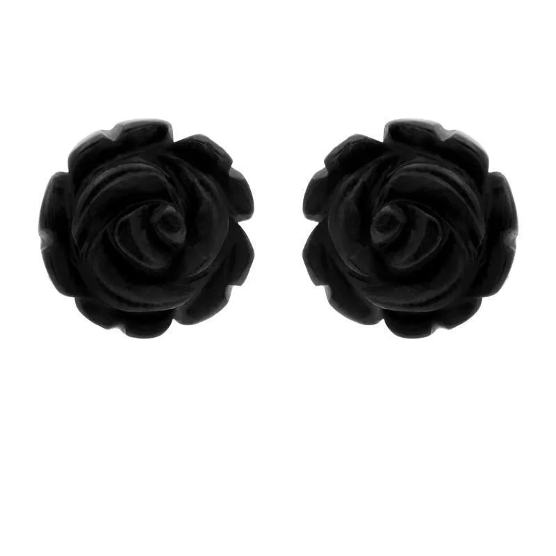 9ct Yellow Gold Whitby Jet Tuberose 10mm Rose Stud Earrings