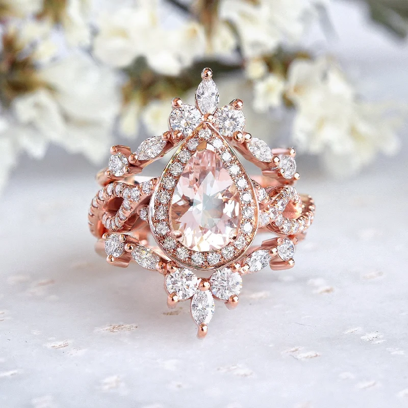 Men's Amethyst Engagement Rings in Sterling Silver with a Contemporary Geometric SettingPear Pink Morganite Twist Shank Band  Engagement Ring & "Iceland" Ring Guard Wedding Set - "Elise"