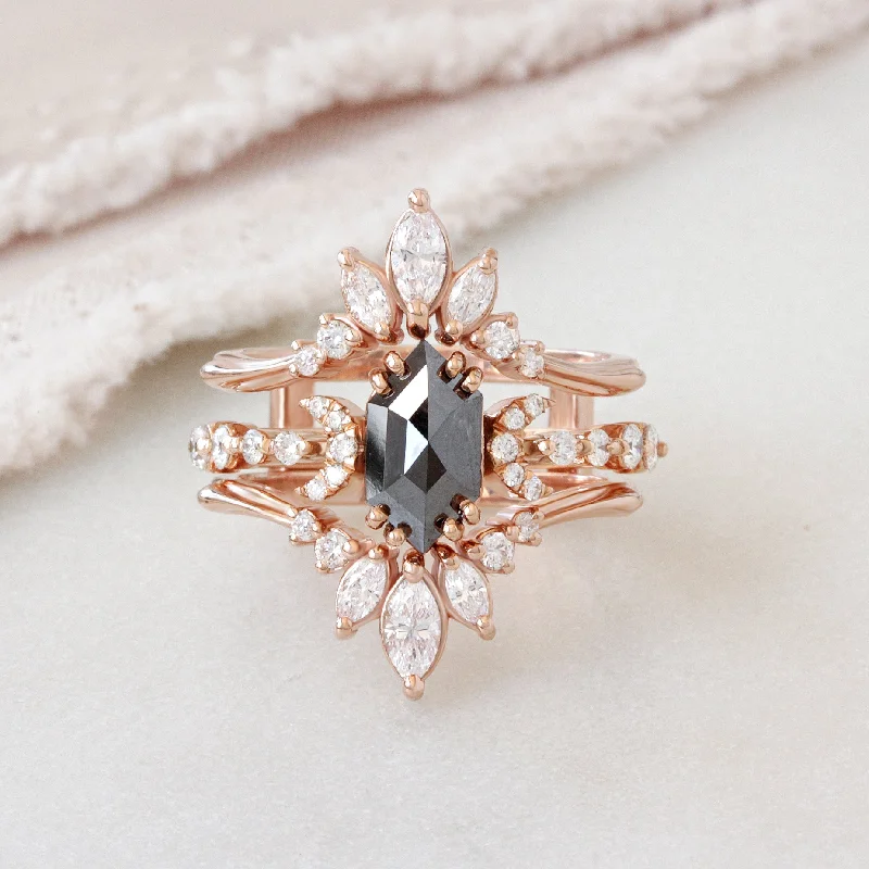 Men's Alexandrite Engagement Rings in Platinum with a Hidden Halo of DiamondsLong Hexagon Black Diamond and Danielle Ring Guard Alternative Celestial Engagement Ring Set