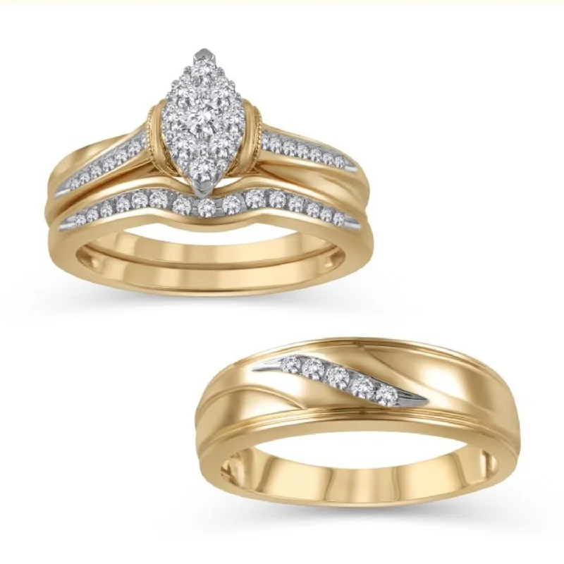 Men's Tanzanite Engagement Rings in Palladium with a Three - Stone Arrangement1/2 CTW Diamond Wedding Trio Set in 14KT Yellow Gold Men's Tanzanite Engagement Rings in Palladium with a Three - Stone Arrangement1/2 CTW Diamond Wedding Trio Set in 14KT Yellow Gold