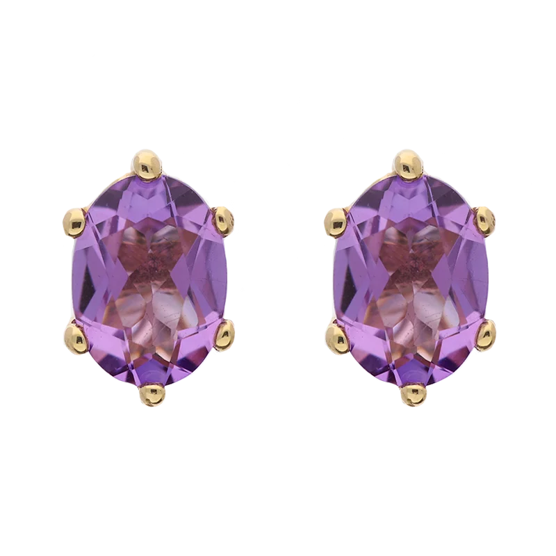 9ct Yellow Gold Sterling Silver Amethyst Stepping Stones 4x7mm Oval Claw Set Stud Earrings