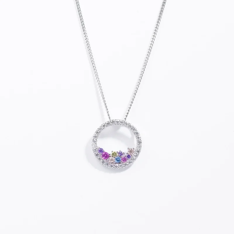 Sterling Silver Scattered Pastel Zirconia Open Circle Pendant + Chain 14mm