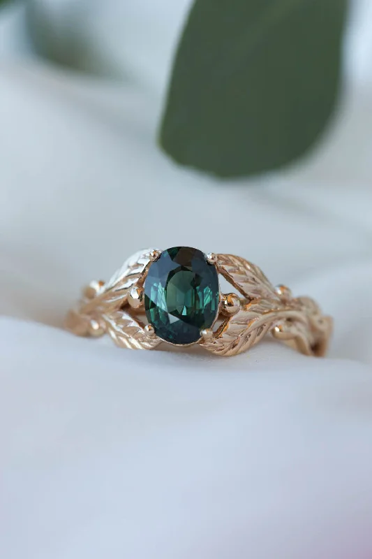 Men's Moonstone Engagement Rings in Silver - Plated Copper with a Celtic Knot PatternGenuine dark teal sapphire engagement ring, oval cut gemstone gold leaf proposal ring / Cornus