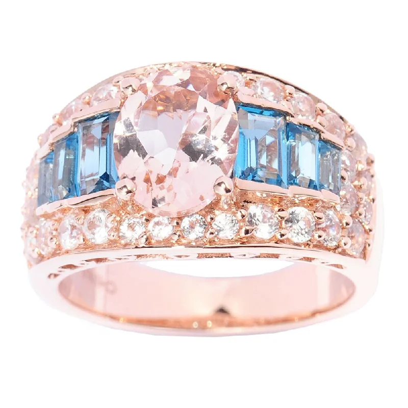 Opal Gemstone Rings in Rose Gold with a Milgrain Edge for a Feminine and Romantic Style14k Rose Gold 3 7/8ct TGW Morganite, Blue Topaz and Cubic Zirconia Multi-level Ring Opal Gemstone Rings in Rose Gold with a Milgrain Edge for a Feminine and Romantic Style14k Rose Gold 3 7/8ct TGW Morganite, Blue Topaz and Cubic Zirconia Multi-level Ring