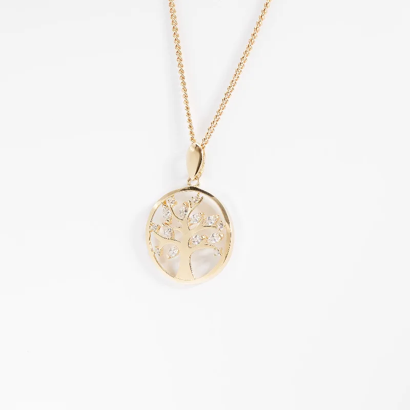 9K Yellow Gold Zirconia Tree Of Life Pendant 17mm