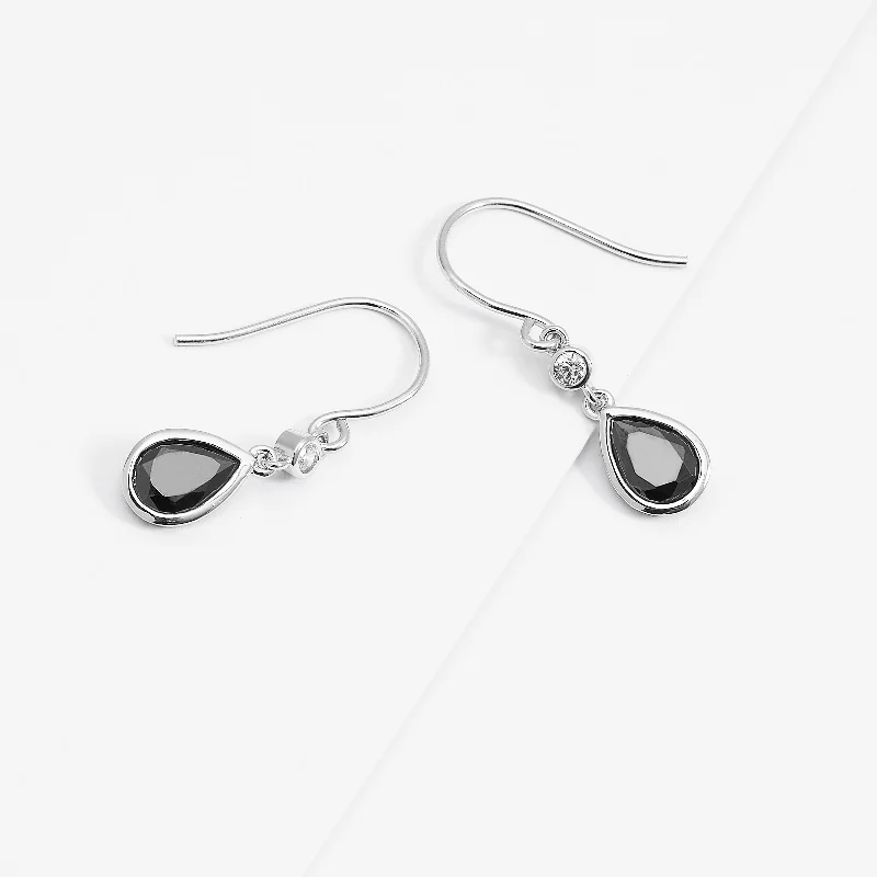 Sterling Silver Black Pear And Round Zirconia Bezel Shepherd Hook Earrings