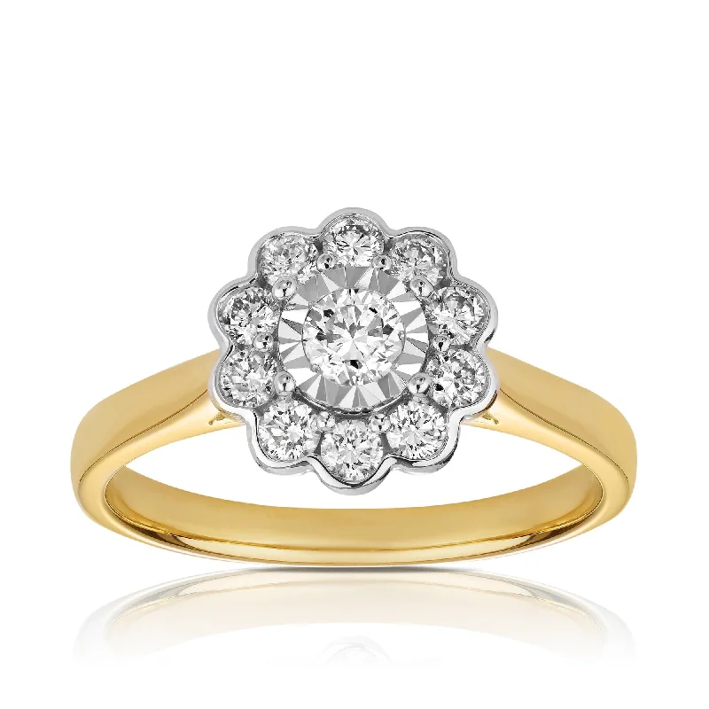 Men's Sapphire Engagement Rings in 18K White Gold with Pave Diamond Accents0.50ct TW Round Brilliant Cut Diamond Flower Ring in 9ct Yellow Gold