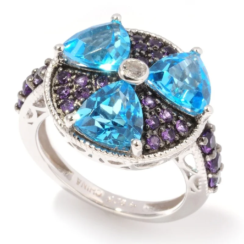 Agate Gemstone Rings in Sterling Silver with a Mosaic - Inspired Inlay for a Bohemian StyleSter Silver Swiss Blue Topaz, African Amethyst Cluster Ring, Size 7 Agate Gemstone Rings in Sterling Silver with a Mosaic - Inspired Inlay for a Bohemian StyleSter Silver Swiss Blue Topaz, African Amethyst Cluster Ring, Size 7