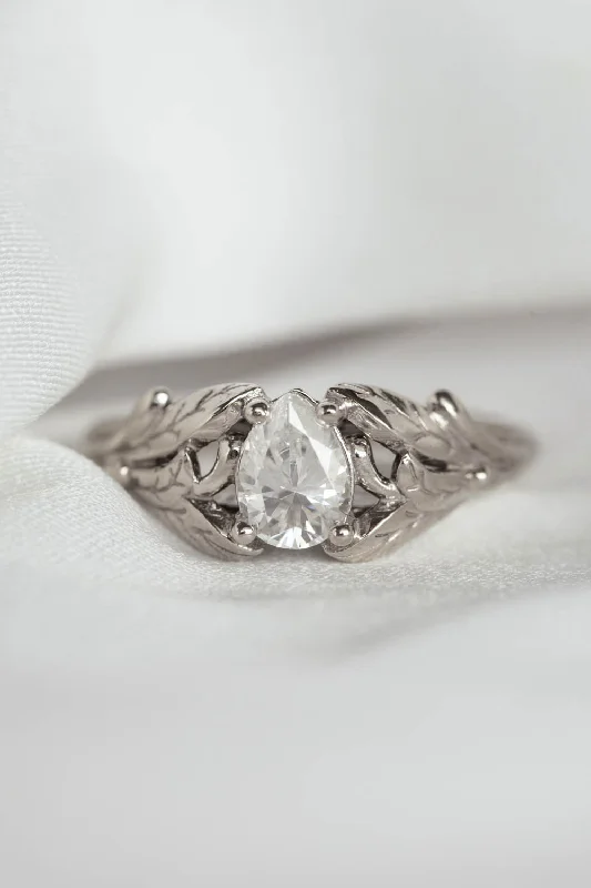 Men's Sapphire Engagement Rings in 18K White Gold with Pave Diamond AccentsWhite sapphire nature inspired gold leaf engagement ring / Wisteria