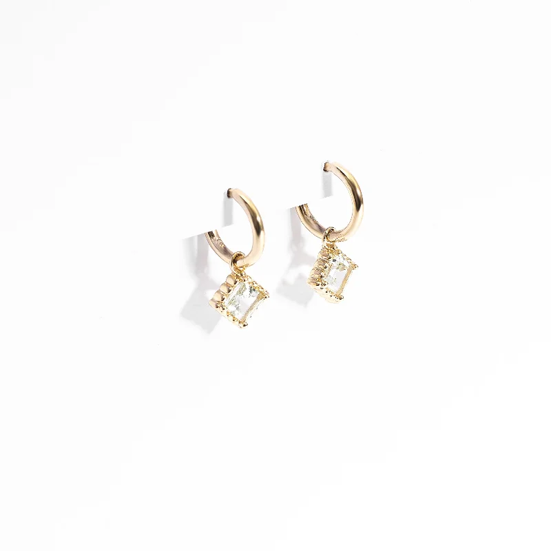 9K Yellow Gold Huggie Earrings With Dangling Asscher Cut Green Amethyst